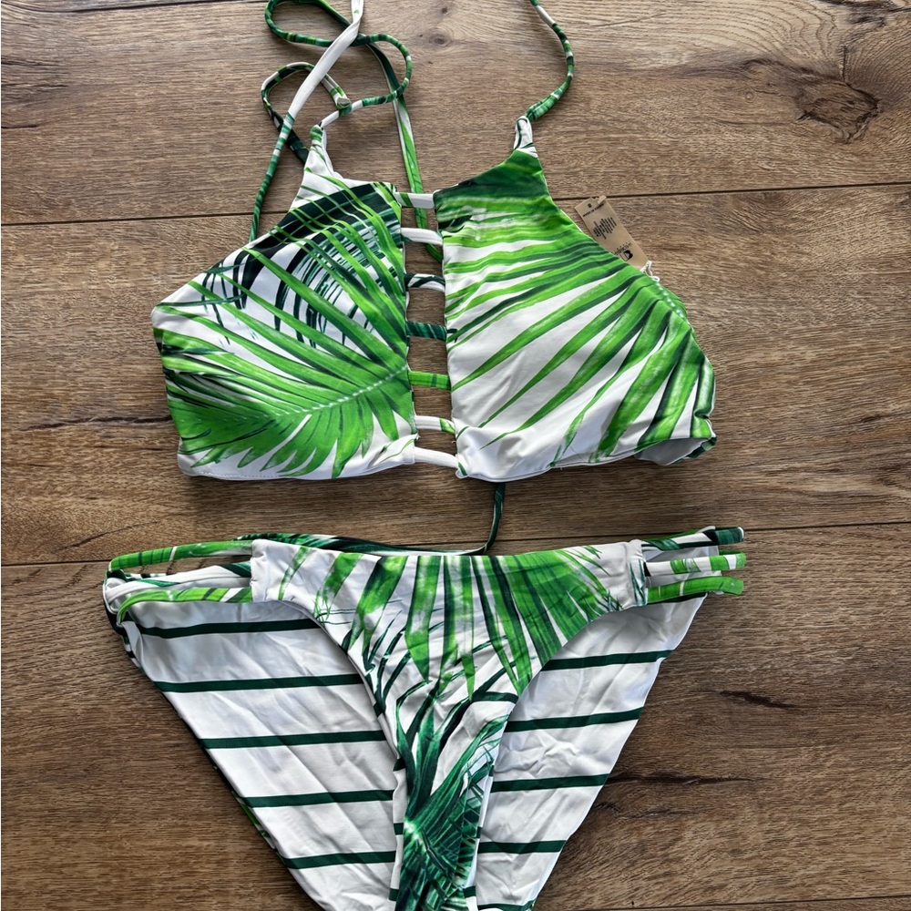 Tropical Green Leaf Print Bikini Set (Double-sided)